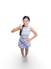 A happy young Asian woman from a high angle, giving a thumbs-up gesture for approval, success, or agreement. on png 
