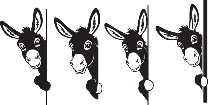 Four playful donkey heads peeking from the side silhouette