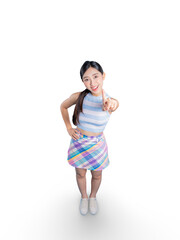 A young Asian woman from a high angle, pointing directly at the camera as if choosing or speaking...