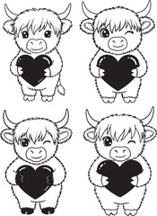 Cute highland cow holding heart silhouette