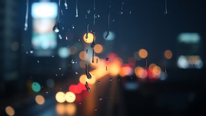 Close up of raindrops on glass with blurred city lights in the background at night time scene