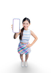 Naklejka premium A confident young Asian woman seen from a high angle, presenting a blank smartphone screen for a mockup.on png 