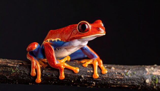 Close-up of a vibrant red and blue tree frog on a branch
