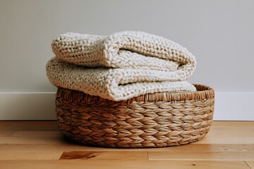 Obraz premium Cozy Basket with Folded Knitted Blanket on Wooden Floor and White Wall