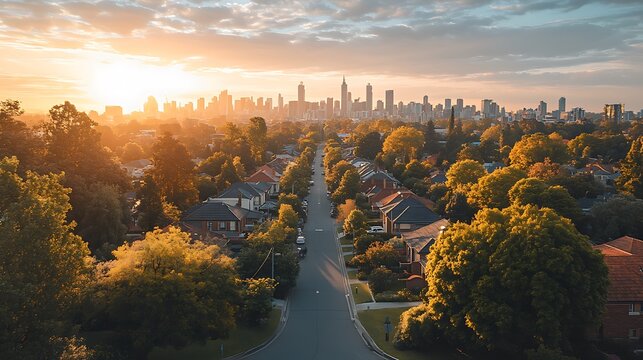 Golden hour aerial view of a suburban street leading towards a distant city skyline