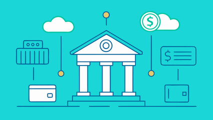 Teal Line Art Bank Building Credit Cards Cloud Dollar