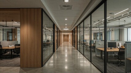 Modern office interior design with glass partitions and wood paneling.