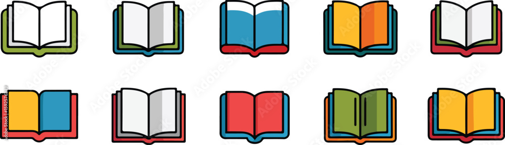 Poster open books with colorful covers and pages vector bundle collection set pack template elements icons 