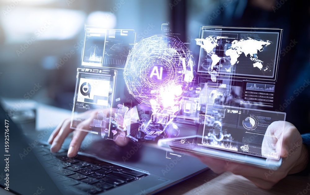Poster person typing on laptop with ai hologram and data visualizations floating in the air above it