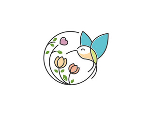 Cute hummingbird in a circle of flowers