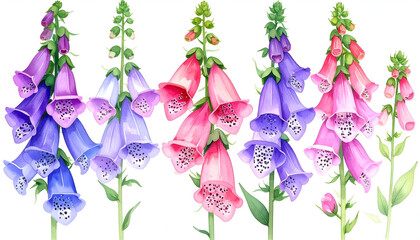 Whimsical Watercolor Painting of Tall Foxglove Stalks in Bloom