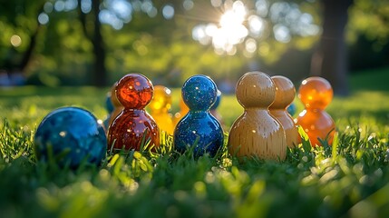 Colorful lawn bowling pins gleaming in the warm sunlight on lush green grass
