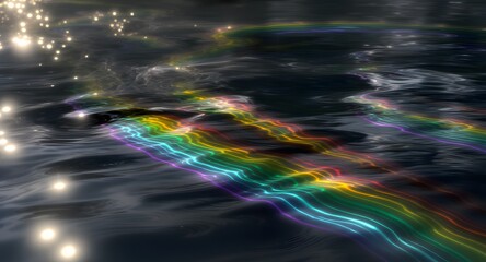 Abstract digital art depicting waves of multicolored light patterns across a dark watery surface evoking a sense of energy and movement.