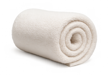 Plush white fleece blanket rolled softly, providing cozy winter comfort against clean background