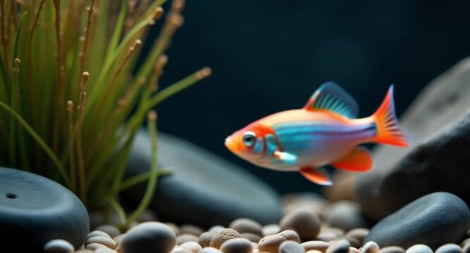 4K UHD Video of Rainbowfish Gliding Through Crystal-Clear Aquarium With Bright Lighting and Natural Aquascape Background

