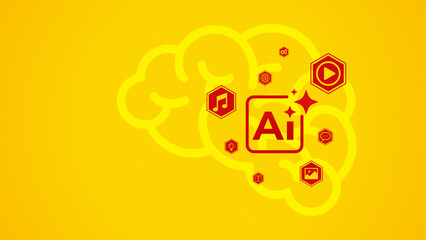 Flat illustration of an AI chip with a brain on a yellow background. The concept of artificial intelligence technology that functions as an assistant in everyday life in carrying out tasks