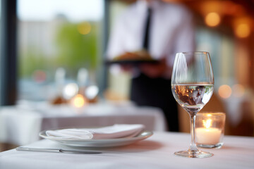 A close-up of a wine glass, candle and plates on a table set in a restaurant, with waiter in the blurry background 
