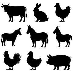 Silhouette collection of various farm animals set