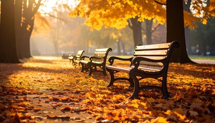 Autumn park scene with benches. Sunlight filters through golden leaves, illuminating a path lined with park benches