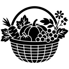 Basket filled with autumn harvest vegetables and fruits