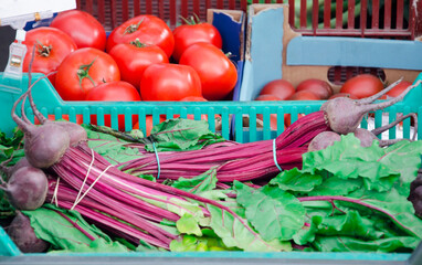 Bundles of fresh organic beets with vibrant green tops and a crate full of ripe red tomatoes...
