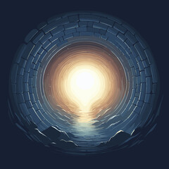 Mysterious tunnel leading to glowing light with textured stone walls