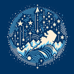 Stylized night sky with shooting stars and mountain landscape illustration