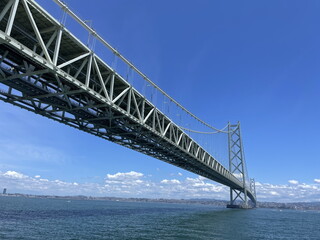 下から見上げる明石海峡大橋と澄んだ青空と白い雲