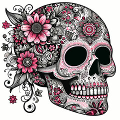 Intricate skull design adorned with floral patterns and pink accents