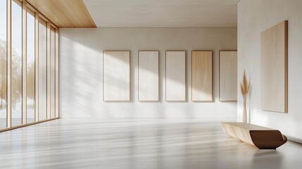 Minimalist Light Wood Panel Gallery Wall in White Room