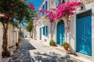 Fototapeta premium Whitewashed alleyway, vibrant flowers, bright blue doors
