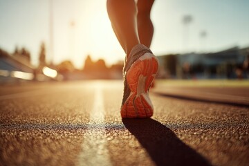 Running feet on a track at sunset