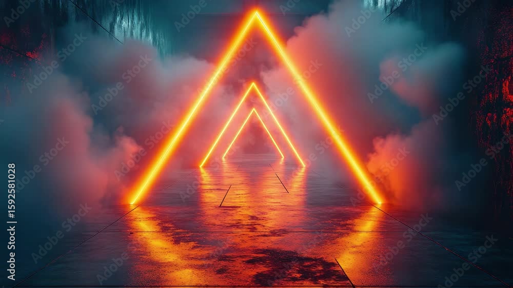 Poster colorful glowing neon triangles create a dynamic atmosphere in a misty, dark setting designed for vi