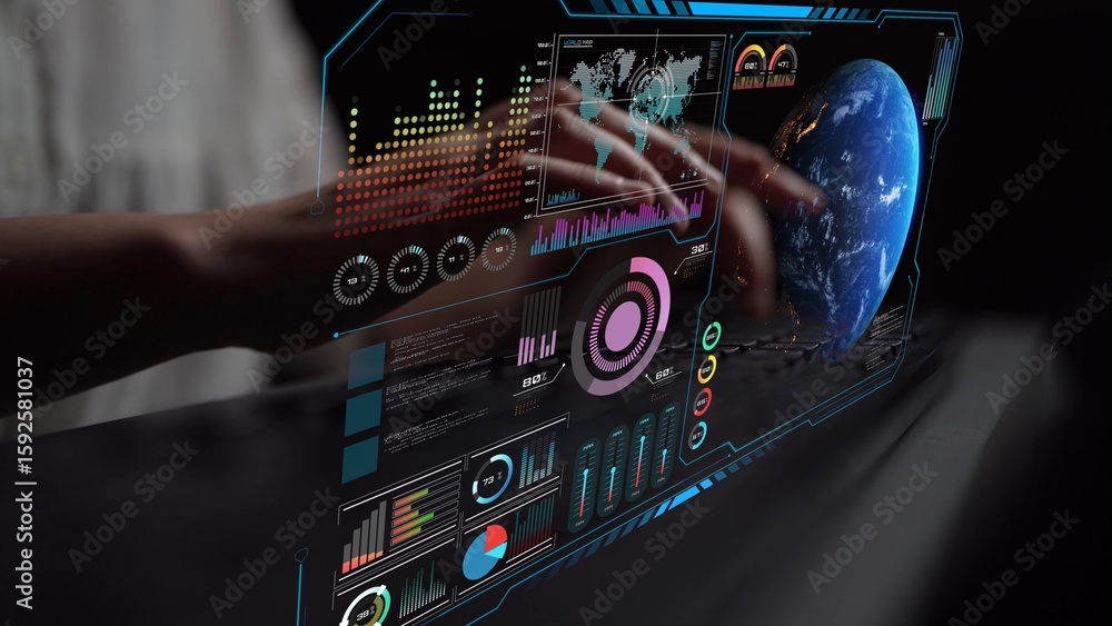 Poster high-tech global network connection interface showing worldwide digital communication, data exchange