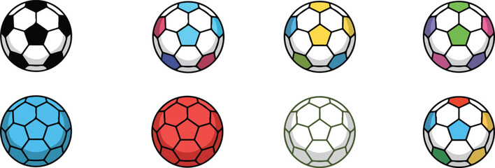 Collection of soccer balls with various color panel designs sport game vector bundle collection set pack template elements icons clipart illustration editable flat minimal modern banner poster png eps