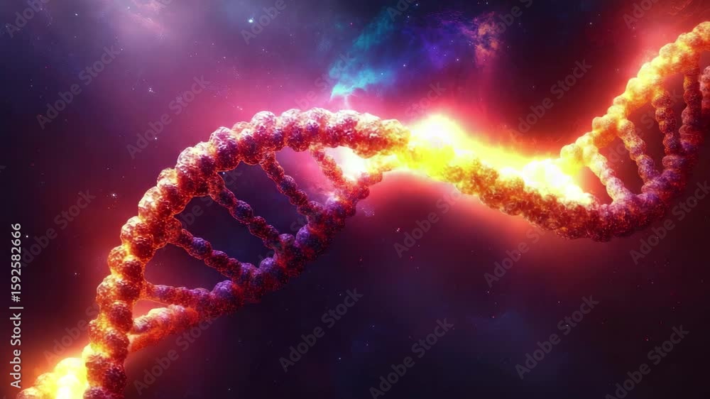 Poster molecular structure of dna represented through dynamic cosmic flames in a vibrant galaxy setting