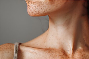 Close-up of freckled skin on a woman's neck and chest