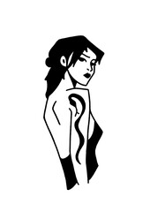 Woman with snake tattoo, alluring back pose, minimalist illustration