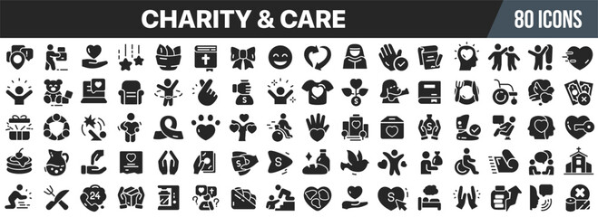 Charity and care icon collection, including donation, social support, healthcare assistance, volunteer work, help for disabled, financial aid, and emotional support symbols