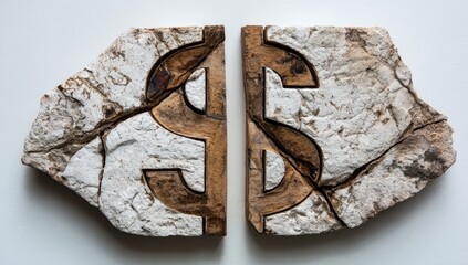 Two stone pieces, each carved with a dollar sign, fractured in the center