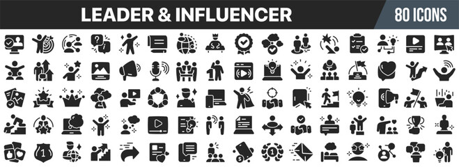 Leader and influencer icon collection, showing public speaking, content creation, social media, motivation, teamwork, and online engagement symbols