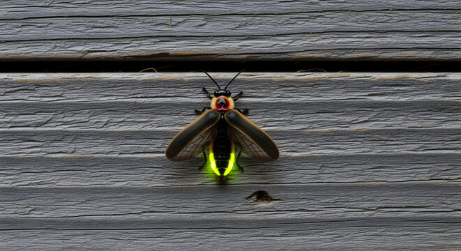 A firefly rests on gray wood planks glowing brightly