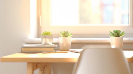 Bright Minimalist Workspace with Succulent Plants on Wooden Desk by Sunlit Window for Home Office Inspiration