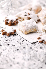 Christmas cookies on bright background. Soft focus. Close up.	