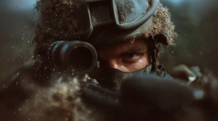 Intense focus of artillery soldier in double exposure with tactical gear