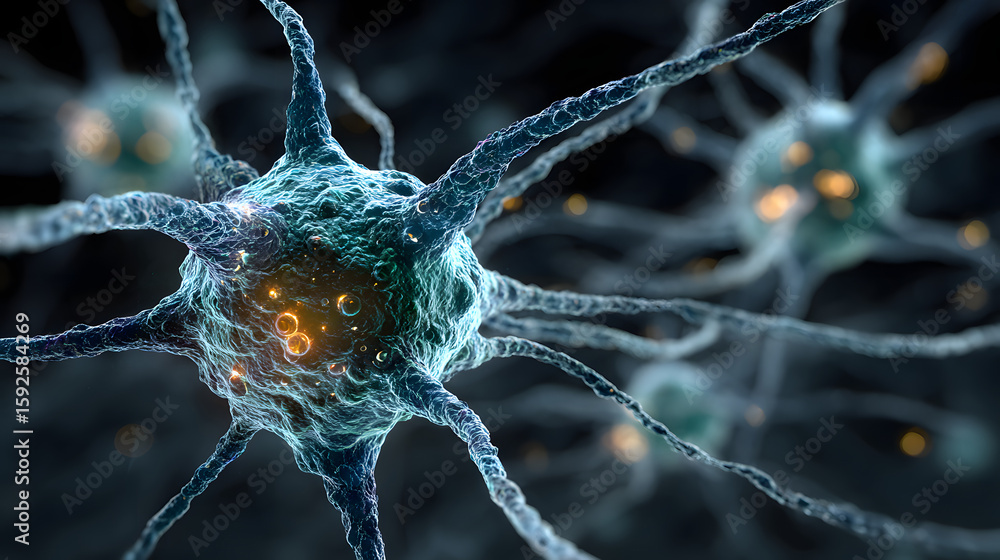 Poster close up of a blue and green brain with many strands of nerve cells. concept of complexity and inter