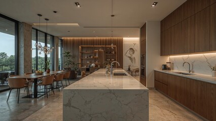 Contemporary open-plan kitchen and dining area.