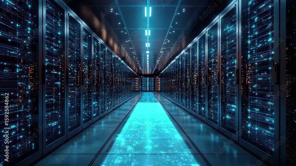 Poster high-tech data center with illuminated servers and futuristic design at night