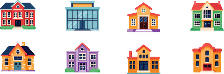 Obraz premium Colorful buildings collection with varied architectural styles architecture houses vector bundle collection set pack template elements icons clipart illustration editable flat minimal modern banner po