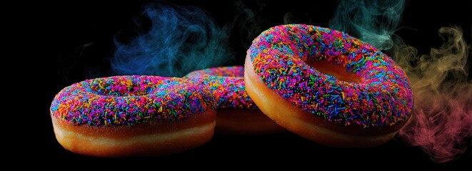 Colorful donuts with vibrant sprinkles in a smoky backdrop